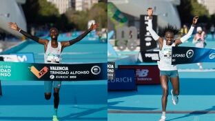 Los keniatas John Korir y Joyciline Jepkosgei cruzan la l&iacute;nea de meta del marat&oacute;n de Valencia