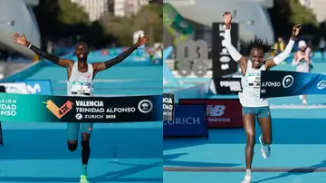 Los keniatas John Korir y Joyciline Jepkosgei cruzan la línea de meta del maratón de Valencia Los keniatas John Korir y Joyciline Jepkosgei cruzan la línea de meta del maratón de Valencia