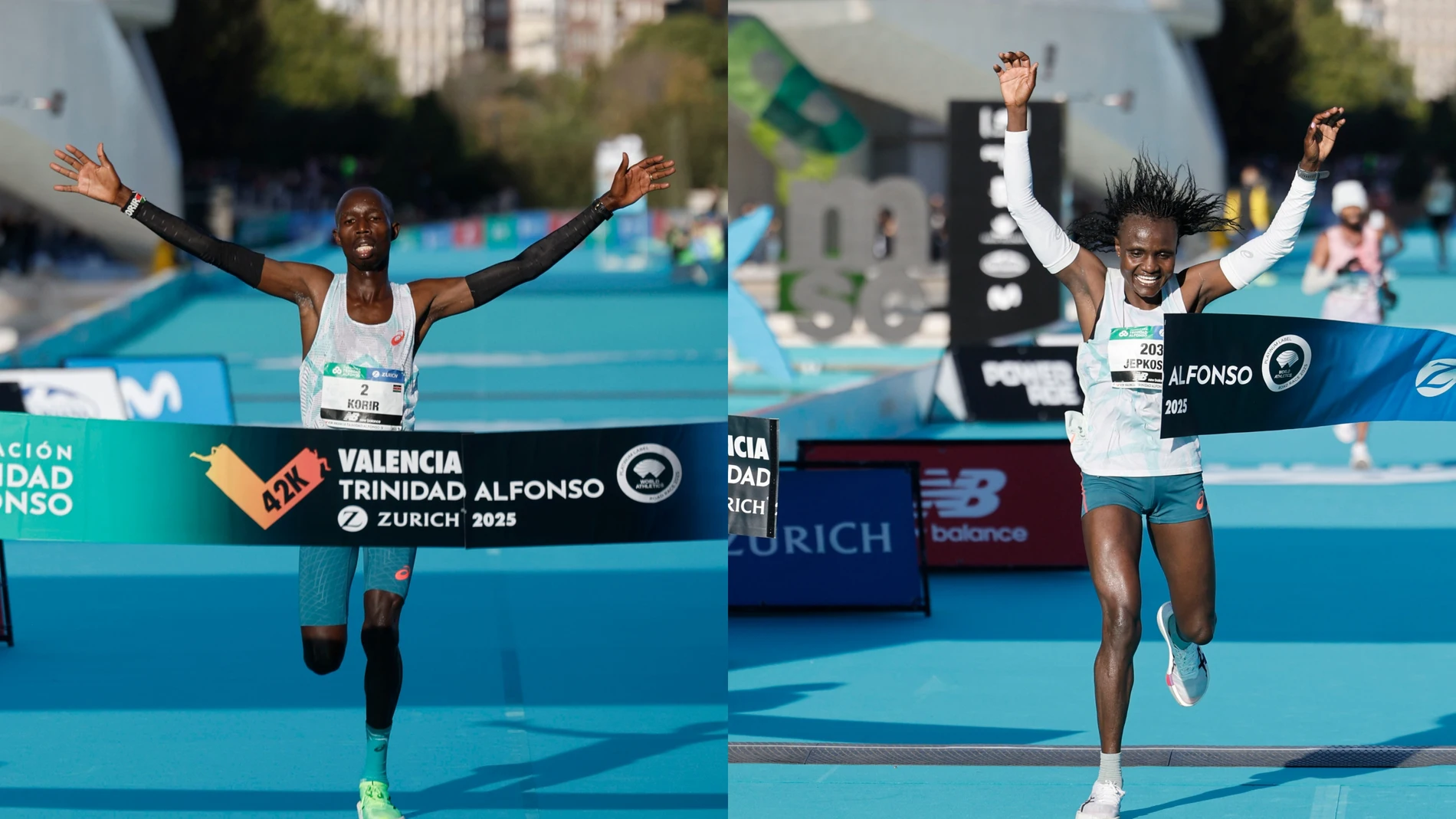 Los keniatas John Korir y Joyciline Jepkosgei cruzan la línea de meta del maratón de Valencia Los keniatas John Korir y Joyciline Jepkosgei cruzan la línea de meta del maratón de Valencia