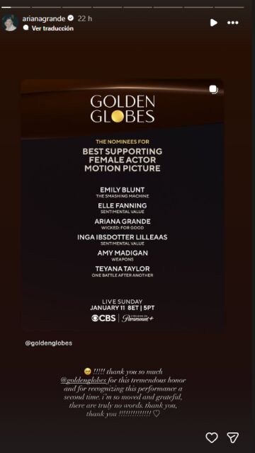 Mensaje de Ariana Grande tras ser nominada a los Globos de Oro 2026 por Wicked: Parte II