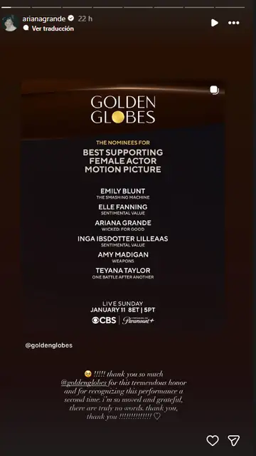 Mensaje de Ariana Grande tras ser nominada a los Globos de Oro 2026 por Wicked: Parte II Mensaje de Ariana Grande tras ser nominada a los Globos de Oro 2026 por Wicked: Parte II