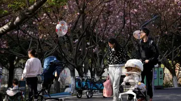 Una pareja pasea con un carrito por un parque en Pekín Una pareja pasea con un carrito por un parque en Pekín