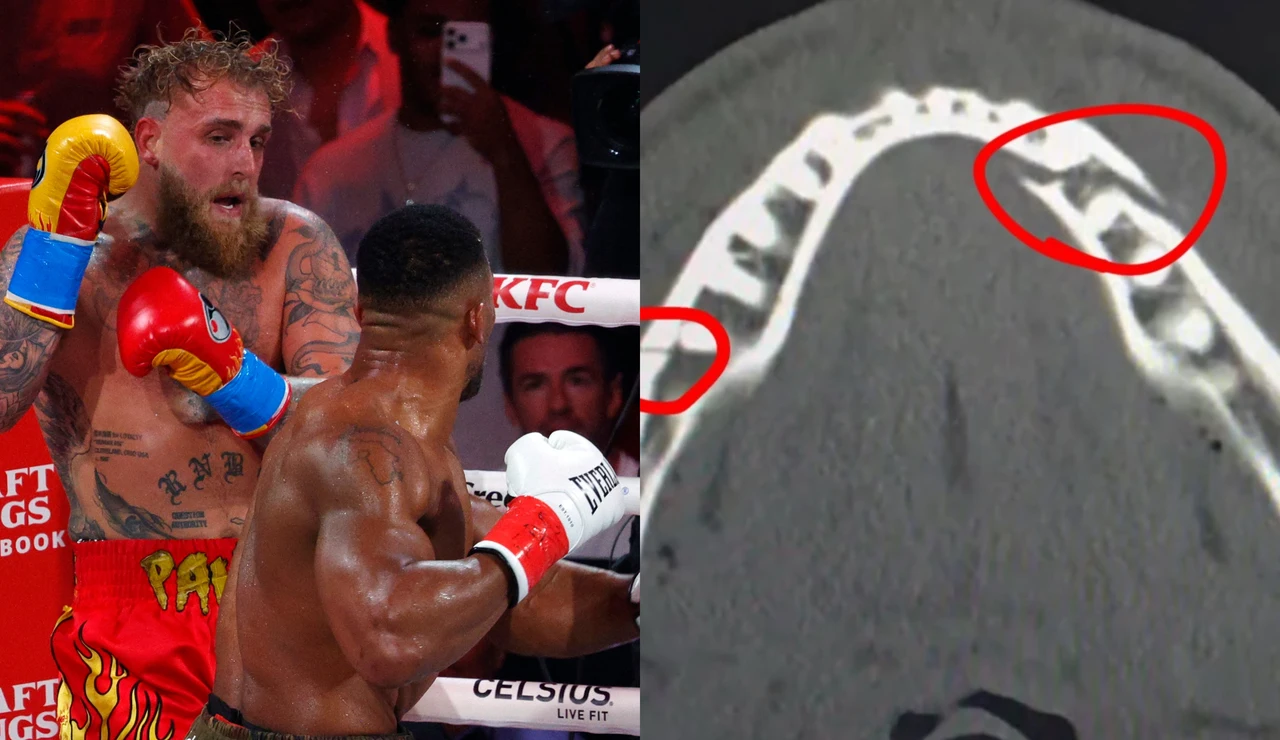 Anthony Joshua en el momento de noquear a Jake Paul