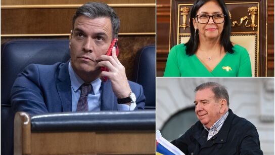 Pedro S&aacute;nchez, Delcy Rodr&iacute;guez y Edmundo Gonz&aacute;lez