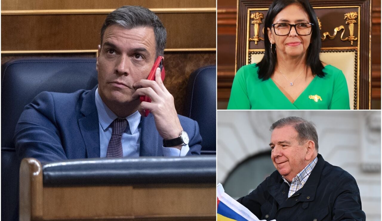 Pedro S&aacute;nchez, Delcy Rodr&iacute;guez y Edmundo Gonz&aacute;lez
