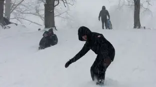 Una persona practica snowboard este domingo en Central Park, Nueva York Una persona practica snowboard este domingo en Central Park, Nueva York