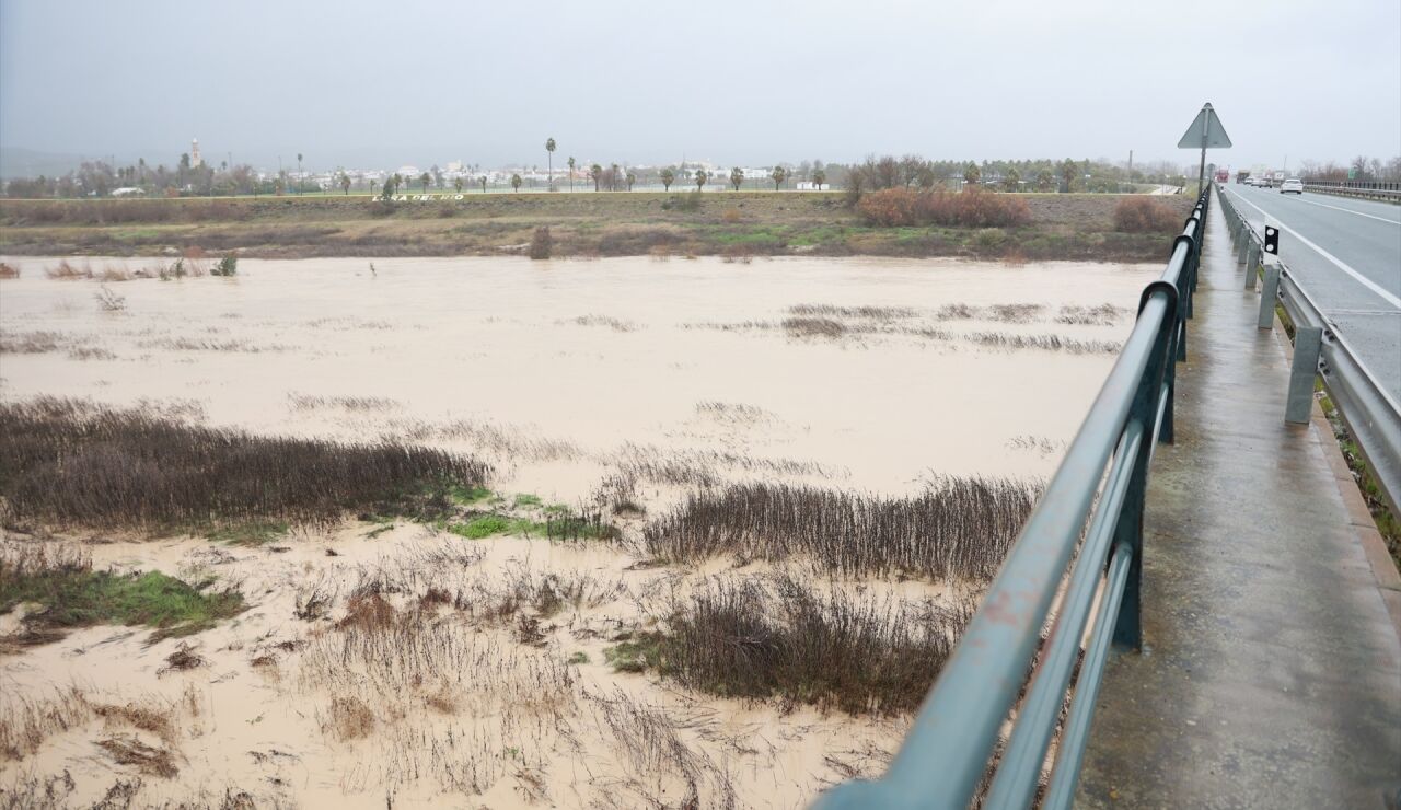 El Guadalquivir, a su paso por la localidad sevillana de Lora del R&iacute;o por los efectos de la borrasca Joseph