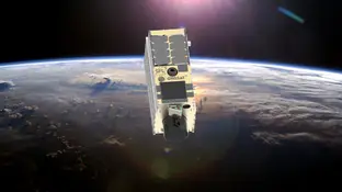 Representación del satélite canadiense GHGSat-C18 en órbita. Representación del satélite canadiense GHGSat-C18 en órbita.