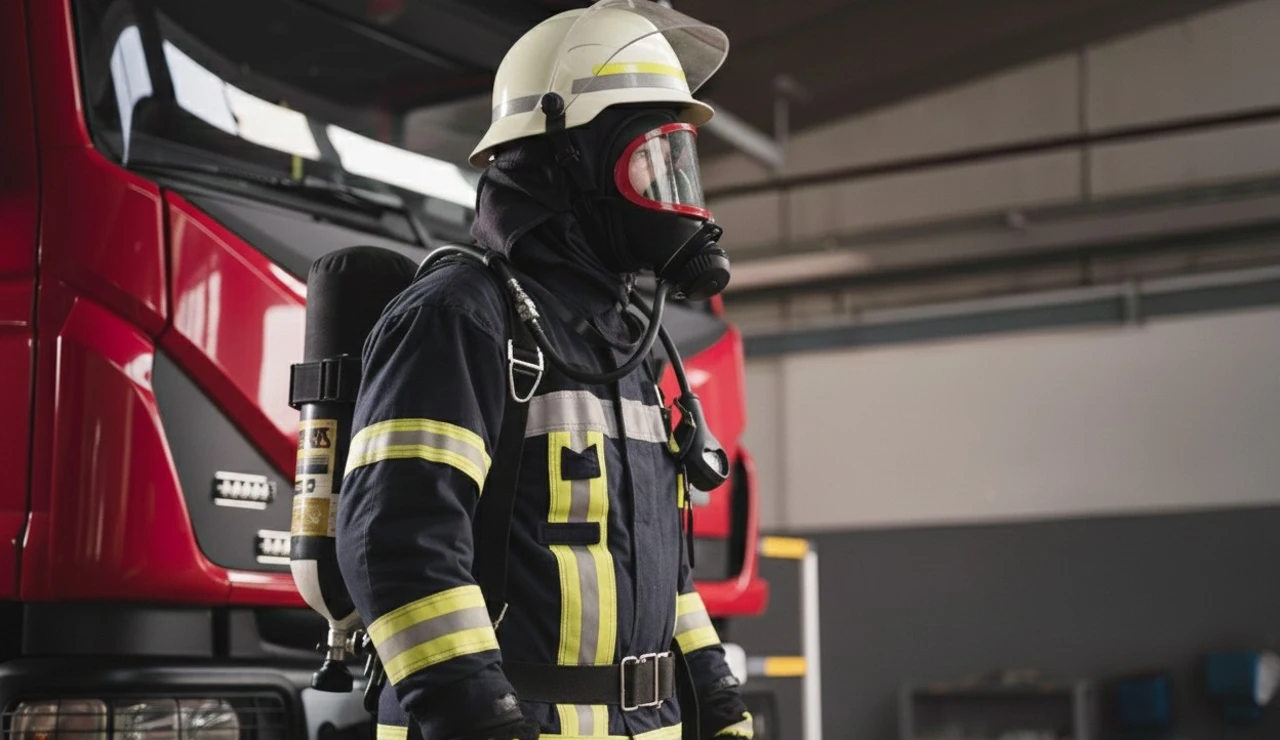 Bombero al lado de un camión de bomberos