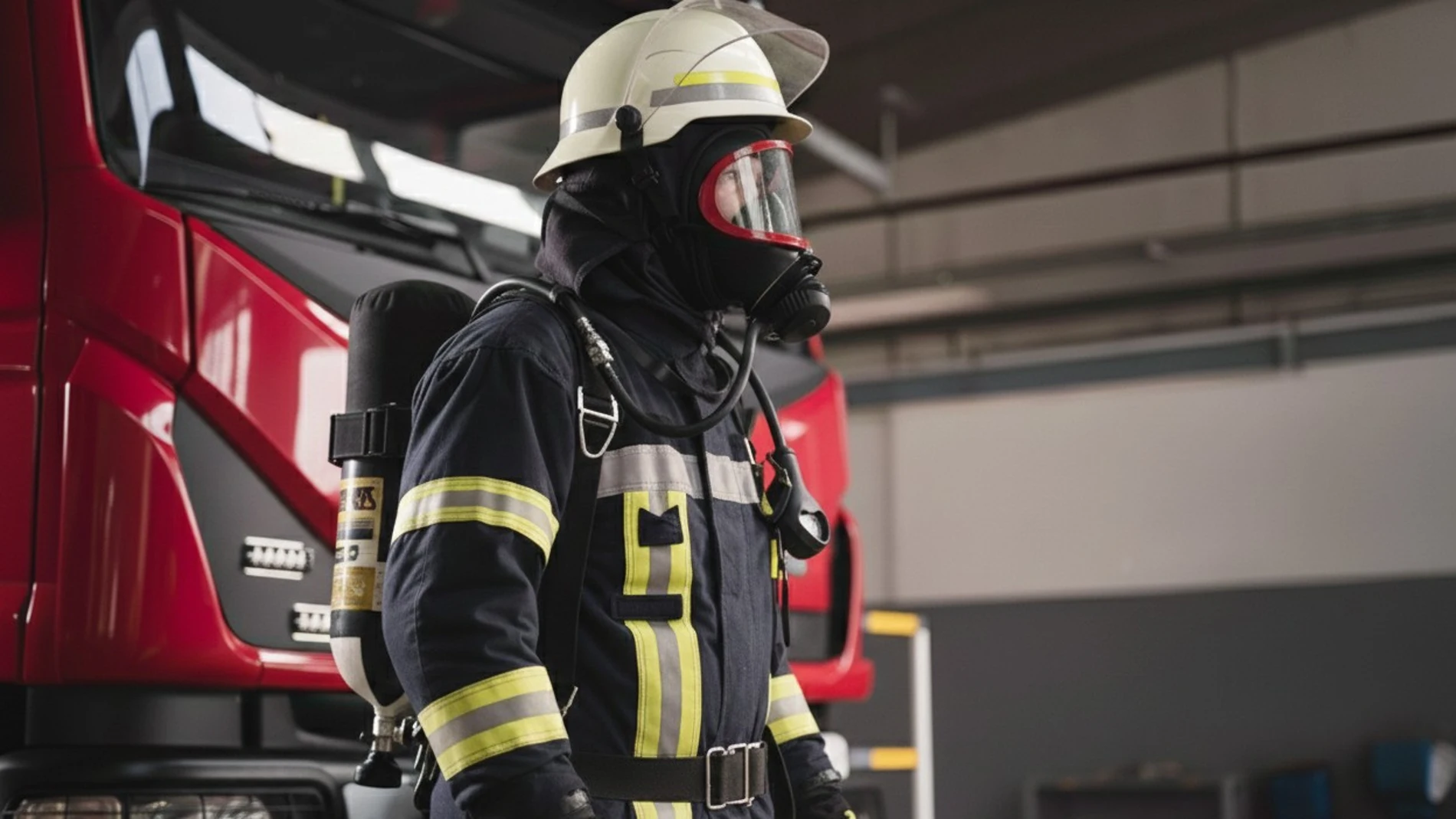 Bombero al lado de un camión de bomberos Bombero al lado de un camión de bomberos
