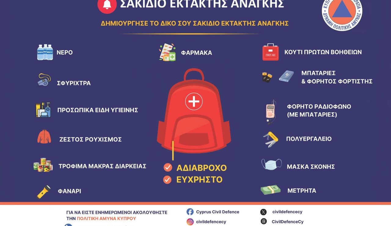 Mochila de emergencia recomendada por el gobierno de Chipre.