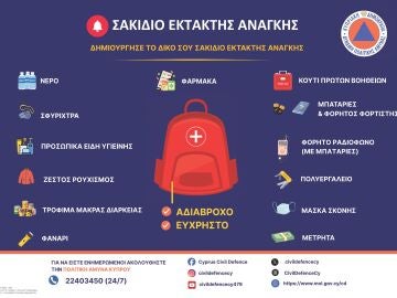Mochila de emergencia recomendada por el gobierno de Chipre.