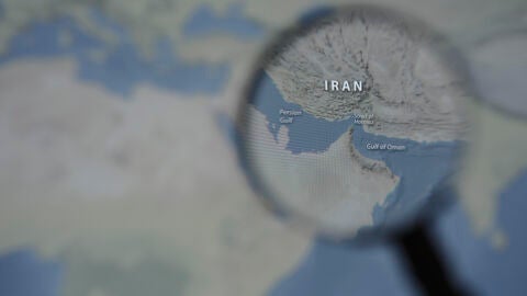 March 13, 2026, Taichung, Taiwan: A magnified image of a map through a handheld magnifying glass depicts the Persian Gulf, Iran, the Strait of Hormuz and the Gulf of Oman. Europa Press/Contacto/Andre M. Chang 13/03/2026 ONLY FOR USE IN SPAIN