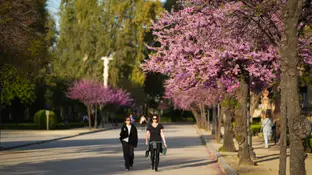 Imagen de archivo de las buenas temperaturas con dos mujeres paseando por un parque. Imagen de archivo de las buenas temperaturas con dos mujeres paseando por un parque.