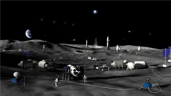 Concepto artístico de la Fase 3 de la Base Lunar de la NASA. Concepto artístico de la Fase 3 de la Base Lunar de la NASA.