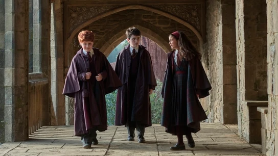 McLaughlin como Harry Potter, Arabella Stanton como Hermione Granger, Alastair Stout como Ron Weasley McLaughlin como Harry Potter, Arabella Stanton como Hermione Granger, Alastair Stout como Ron Weasley