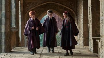 McLaughlin como Harry Potter, Arabella Stanton como Hermione Granger, Alastair Stout como Ron Weasley