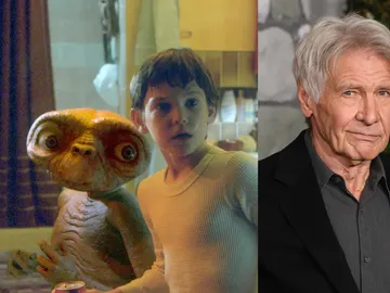 Henry Thomas en E.T., el extraterrestre y Harrison Ford Henry Thomas en E.T., el extraterrestre y Harrison Ford