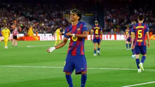 Lamine Yamal bailando tras marcarle al Espanyol Lamine Yamal bailando tras marcarle al Espanyol