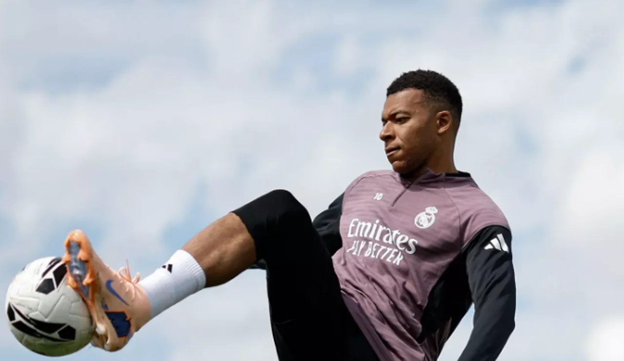 Mbappé, durante el entrenamiento en Valdebebas