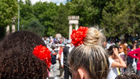 Mujeres con claveles en el pelo en las fiestas de San Isidro