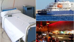 Una cama de hospital, el crucero MV Hondius y una barra de bar