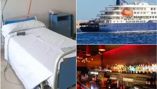 Una cama de hospital, el crucero MV Hondius y una barra de bar