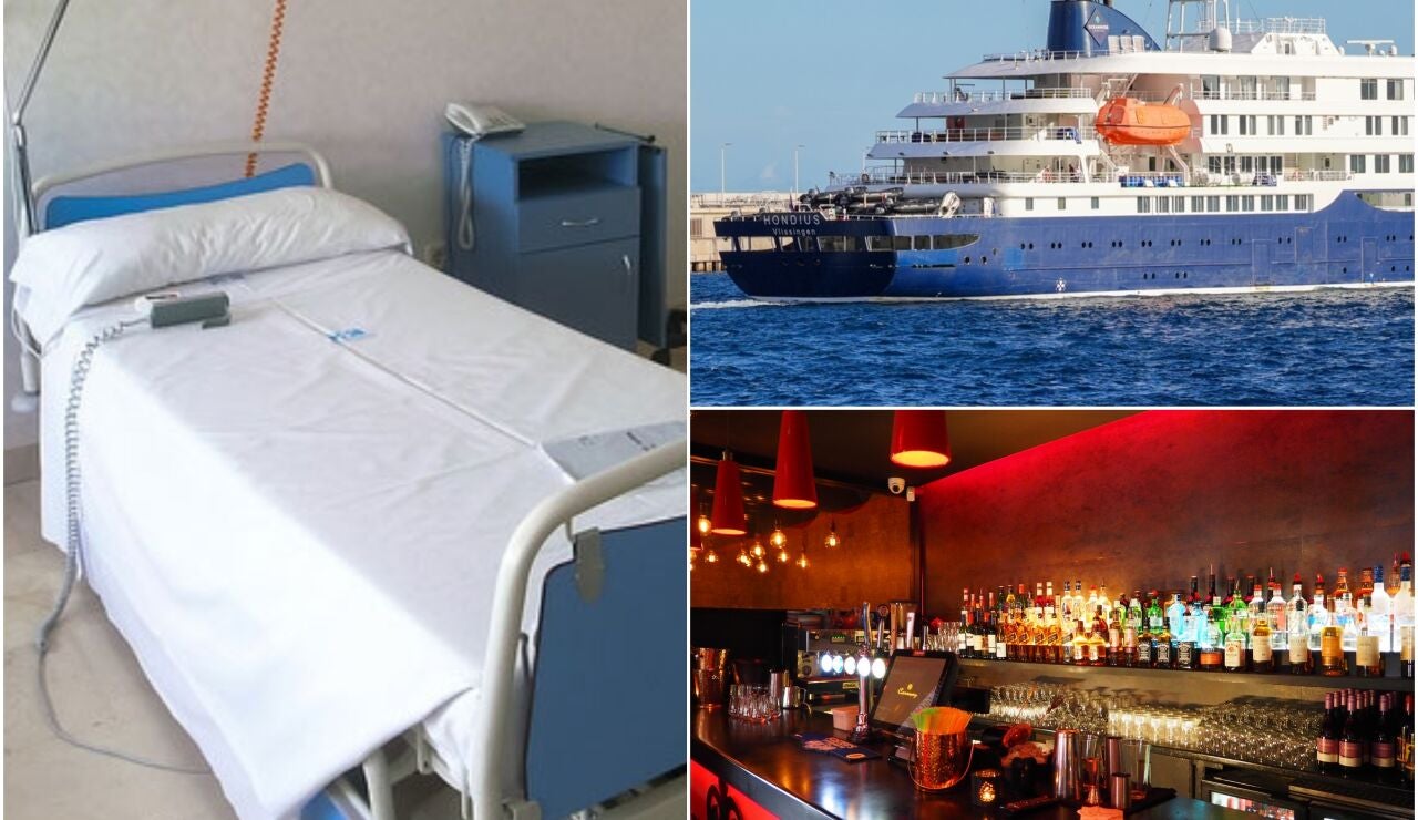 Una cama de hospital, el crucero MV Hondius y una barra de bar