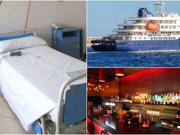 Una cama de hospital, el crucero MV Hondius y una barra de bar