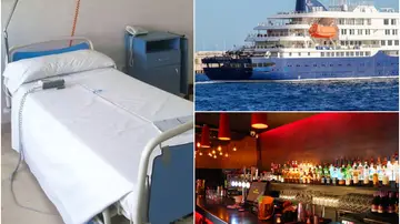 Una cama de hospital, el crucero MV Hondius y una barra de bar Una cama de hospital, el crucero MV Hondius y una barra de bar
