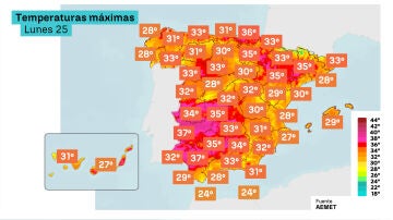 Imagen del mapa con las temperaturas máximas.