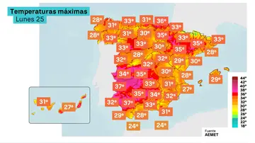 Imagen del mapa con las temperaturas máximas. Imagen del mapa con las temperaturas máximas.