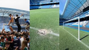 Aspecto del c&eacute;sped y la grada de Riazor tras la invasi&oacute;n de campo