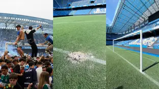 Aspecto del césped y la grada de Riazor tras la invasión de campo Aspecto del césped y la grada de Riazor tras la invasión de campo