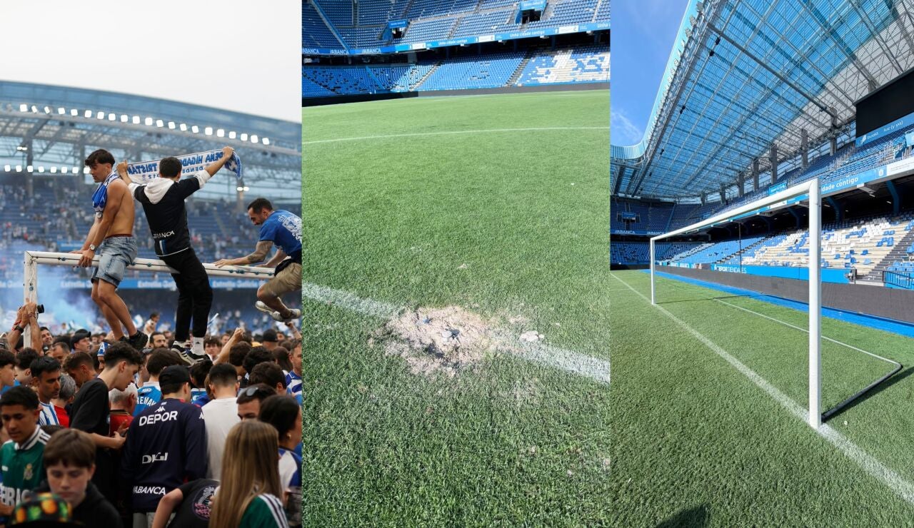 Aspecto del c&eacute;sped y la grada de Riazor tras la invasi&oacute;n de campo