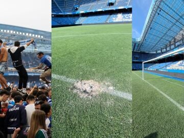 Aspecto del c&eacute;sped y la grada de Riazor tras la invasi&oacute;n de campo