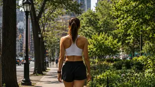 Cuántas calorías quemas si andas una hora al día Mujer caminando por la ciudad