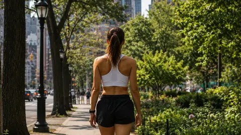 Cuántas calorías quemas si andas una hora al día Mujer caminando por la ciudad