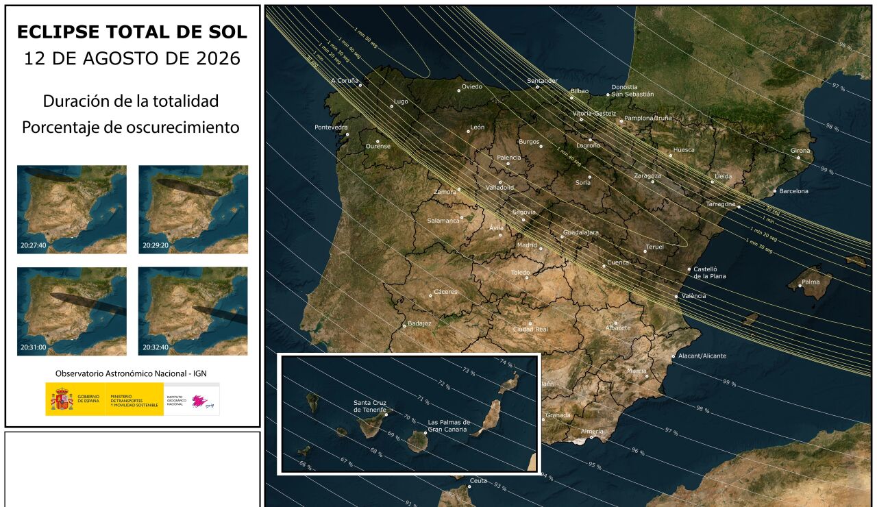 Eclipse solar total 12 agosto 2026 - Mapa Espa&ntilde;a