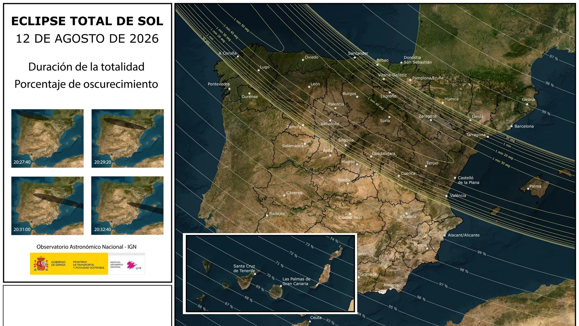 A qué hora comienza el eclipse total del sol del 12 de agosto en cada ciudad de España y cuándo durará Eclipse solar total 12 agosto 2026 - Mapa España