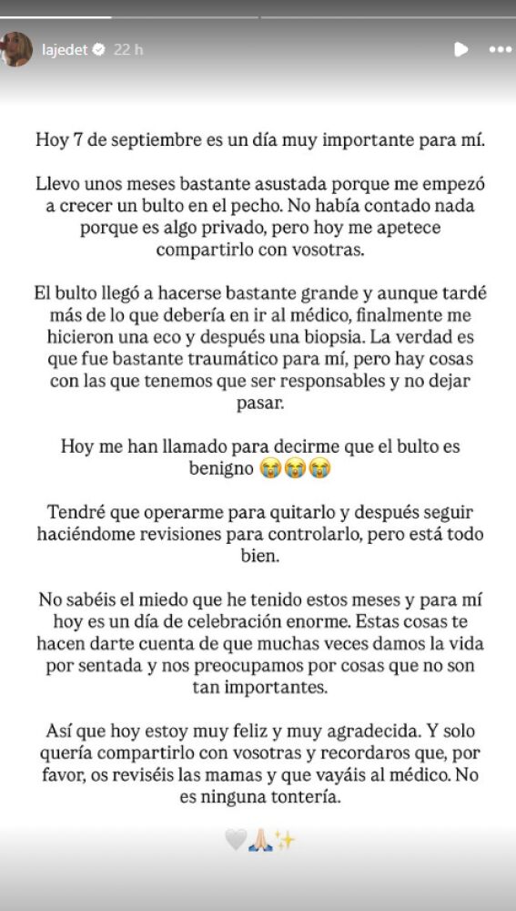 Jedet cuenta que la tienen que operar de un bulto en el pecho