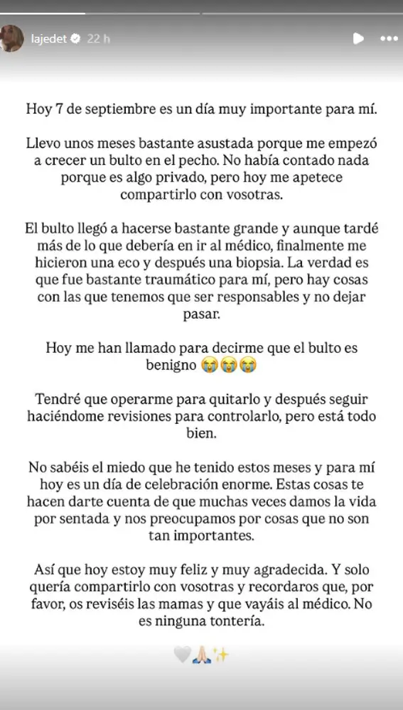 Jedet cuenta que la tienen que operar de un bulto en el pecho Jedet cuenta que la tienen que operar de un bulto en el pecho