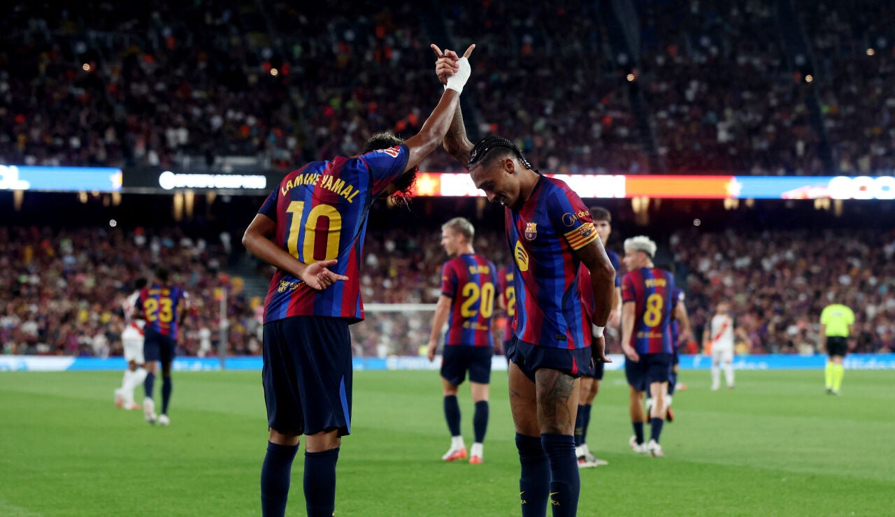 Lamine Yamal y Raphinha celebran un gol en el Camp Nou