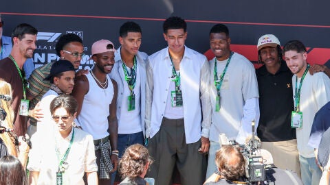 Thibaut Courtois, Rodrygo Goes, Éder Militão, Vinícius Jr., Jude y Jobe Bellingham, Denzel Dumfries, Yan Diomande y Fede Valverde en el GP de España en Madrid