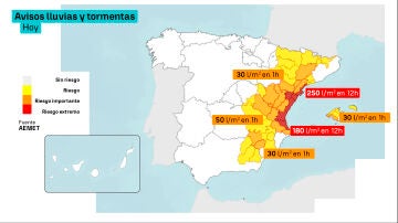 Mapa de avisos por lluvias y tormentas