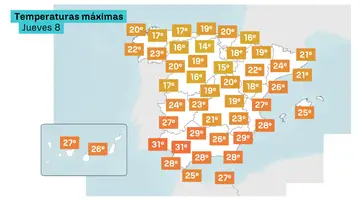 Mapa de las temperaturas máximas del jueves Mapa de las temperaturas máximas del jueves