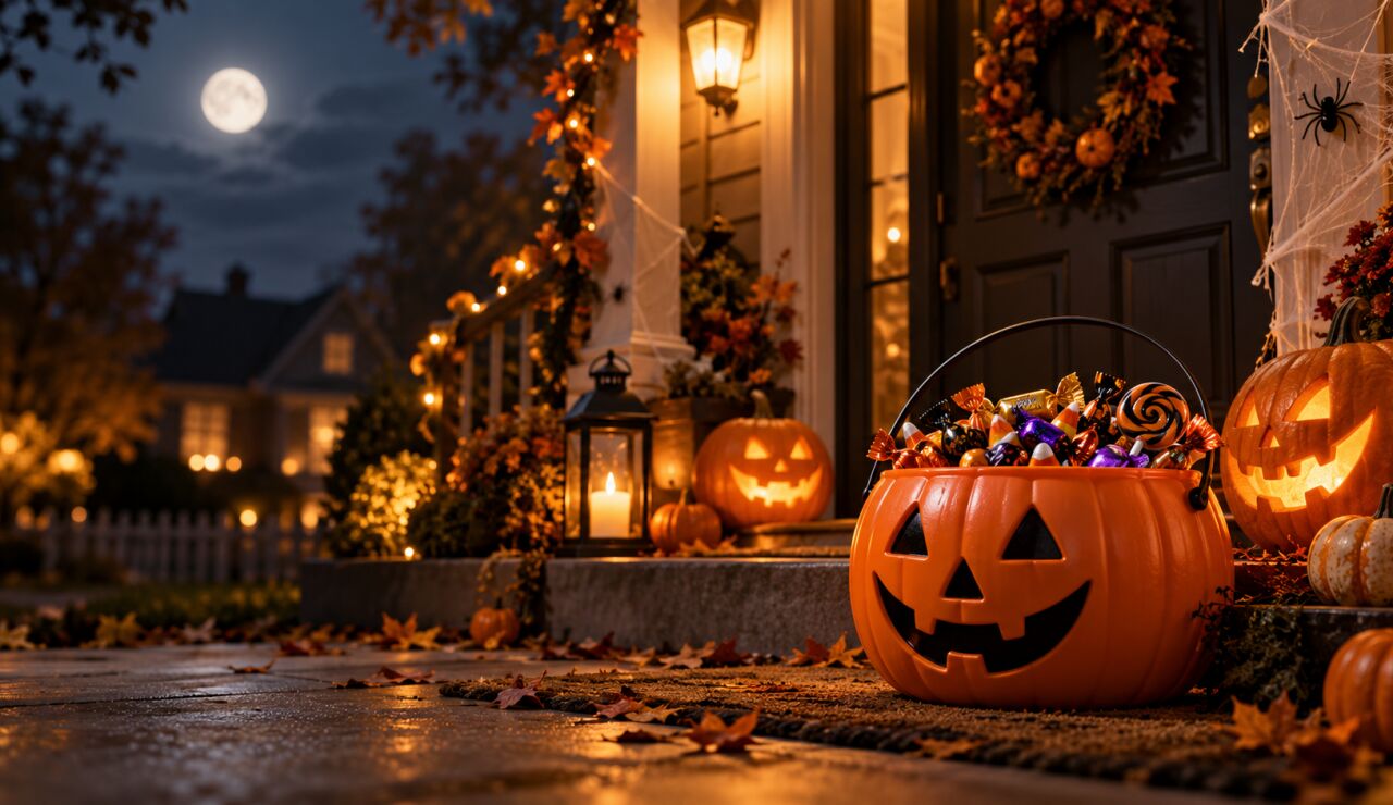 Caramelos en una calabaza de Halloween