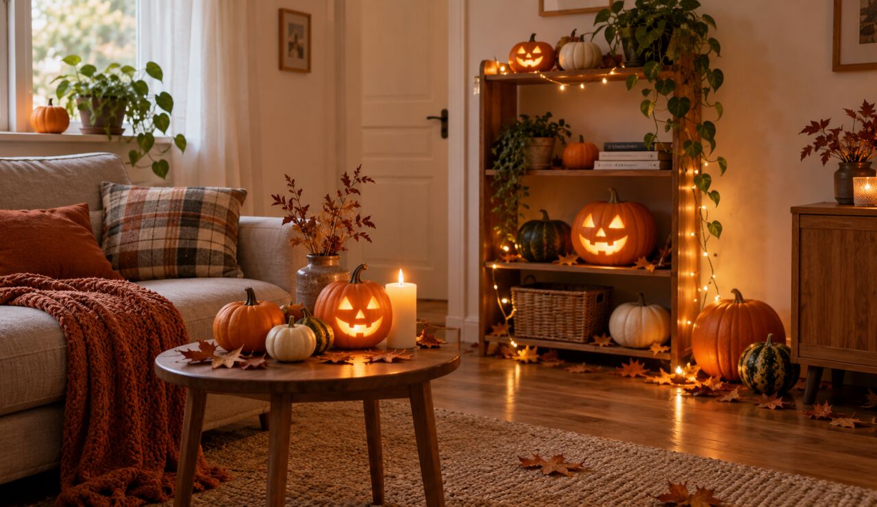 Decoraci&oacute;n en una casa con calabazas