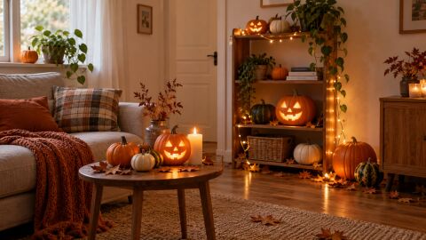 Decoraci&oacute;n en una casa con calabazas